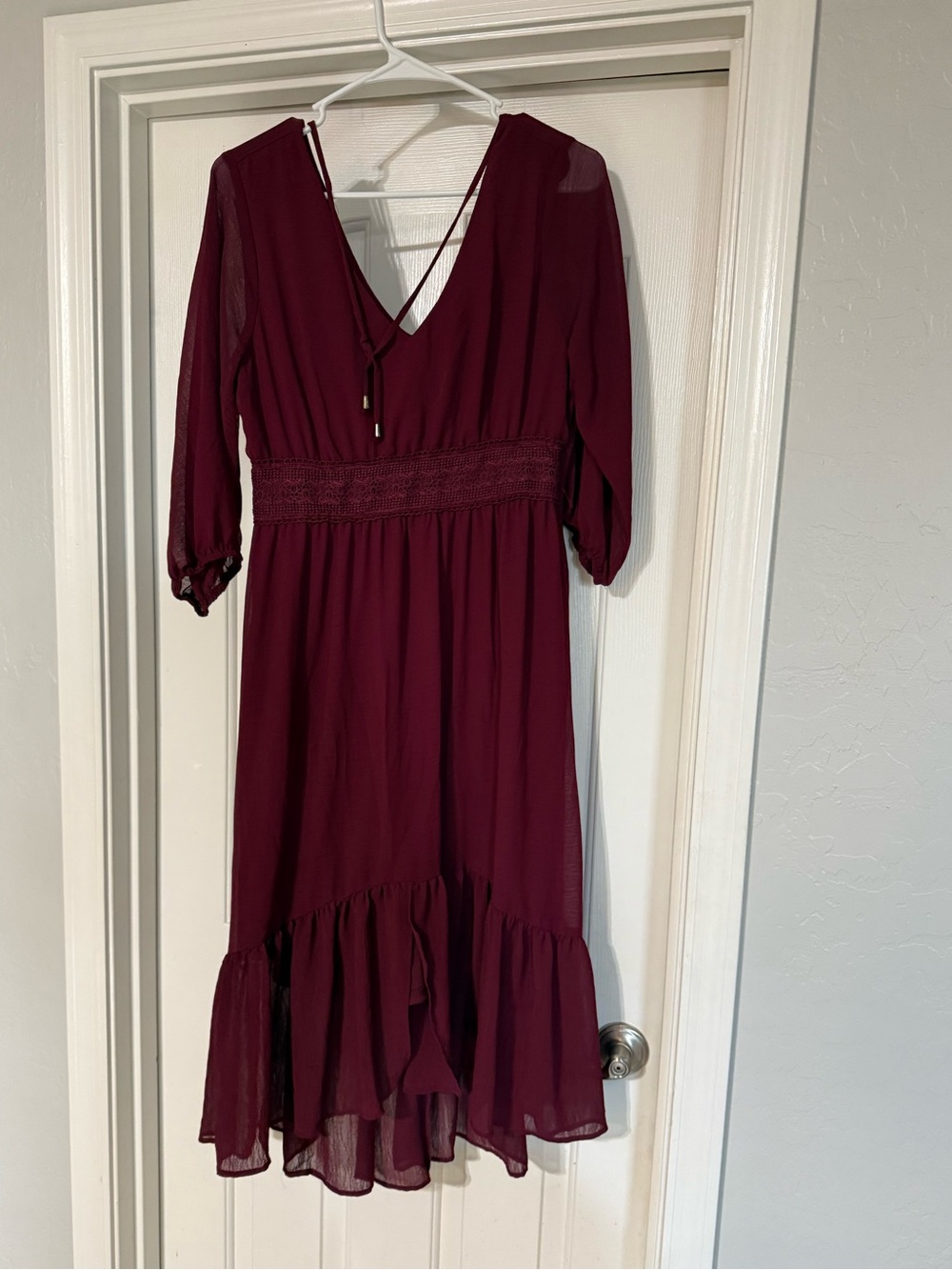 $8 Women's Burgundy Midi Dress with Crochet Waist$8 WHEN BUNDLED WITH 3 OR MORE - Picture 10 of 10